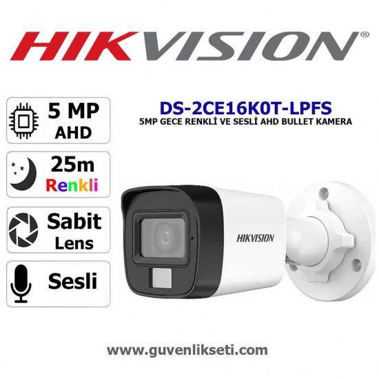 Hikvision DS-2CE16K0T-LPFS 5MP gece renkli sesli AHD bullet güvenlik kamerası